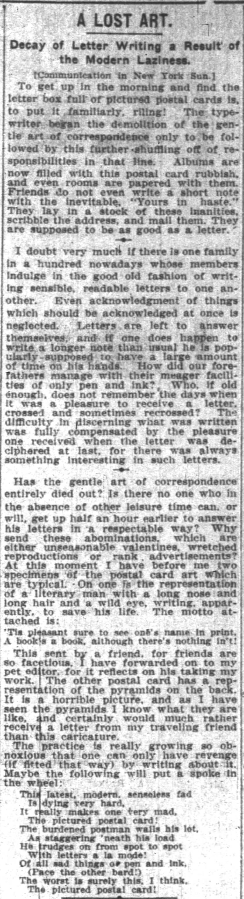 Newspaper clipping from the early twentieth century about the type-writer depriving us of the art of letter writing
